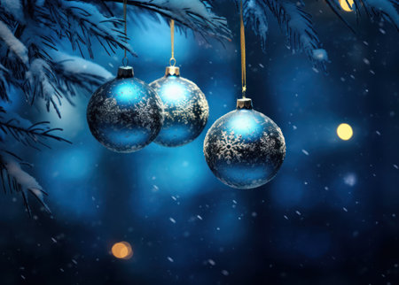 Christmas background with blue christmas balls on fir branches and snowfallの素材