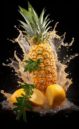 Fresh pineapple with water splash and lemon on black background. Healthy food concept.の素材