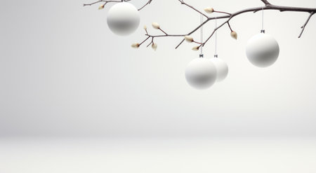 White christmas balls hanging on tree branch, 3d render illustrationの素材