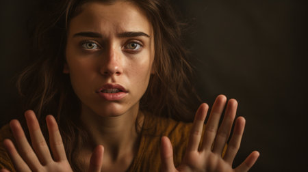 Portrait of a young woman in a dark room looking at the cameraの素材