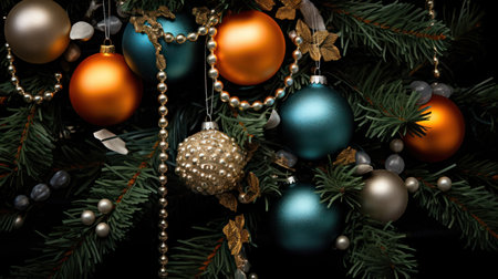 Christmas tree decoration on black background. Close-up of christmas ornaments.の素材
