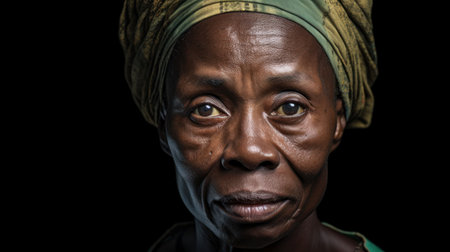 Portrait of a mature black African man with a green headscarfの素材