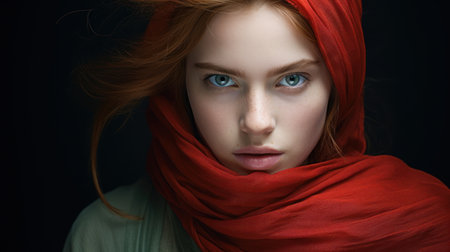 Close-up portrait of beautiful redhead girl in red scarf.の素材