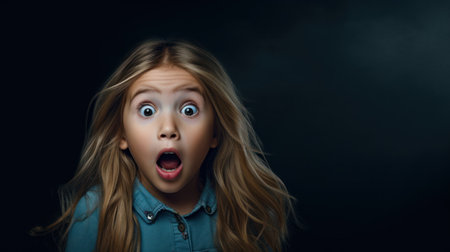 surprised girl looking at camera on black background with copy spaceの素材