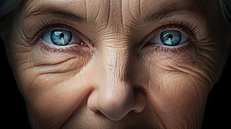 Close up of an elderly woman's eyes on a black background.の素材