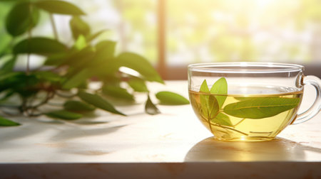 Cup of green tea with fresh green leaves on table in morning sunlightの素材