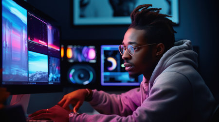 african american hacker in glasses using computer at dark cyber spaceの素材