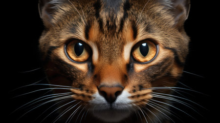 Portrait of a Bengal cat with big eyes on a black backgroundの素材