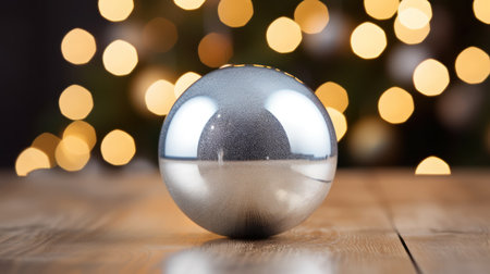 Christmas bauble on a wooden table against bokeh lights backgroundの素材