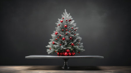 Christmas tree with red baubles on wooden table over black backgroundの素材