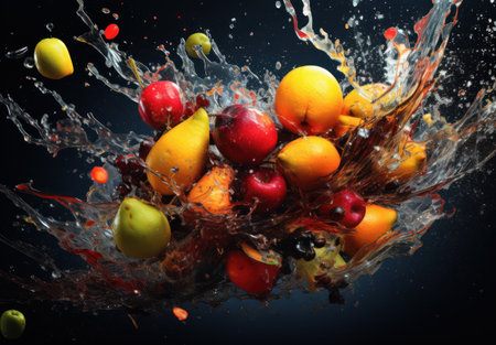 Fruits falling into water with splash, isolated on black background.の素材