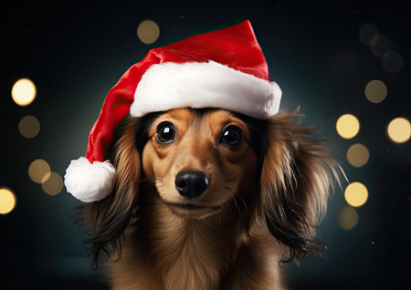 a small dog wearing a santa hat on top of it&#39;s head with a blurry boke of lights in the background. .の素材