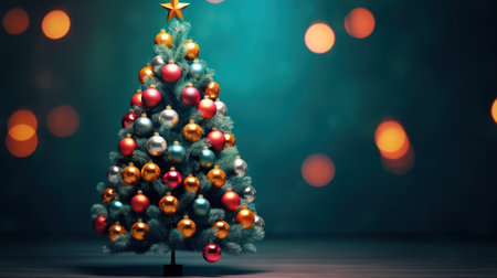 Christmas tree with colorful baubles on the background of bokehの素材