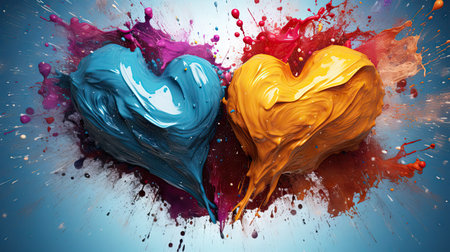 Colorful paint splashes in heart shape. Abstract background. 3D renderingの素材