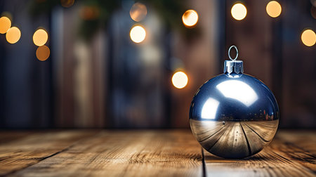 Christmas ball on a wooden table with bokeh lights in the backgroundの素材