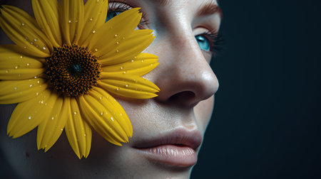 Close-up portrait of young beautiful woman with sunflower in her hairの素材
