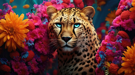 Leopard in flowers. Animal with colorful flowers. 3d renderingの素材