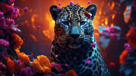 leopard with flowers in the forest. 3d render illustration.の素材