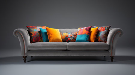Modern bright interiors 3D rendering with colorful pillows on sofaの素材