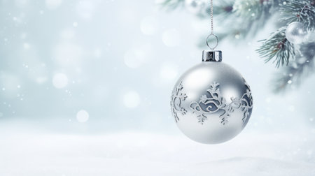 Christmas and New Year greeting card. Christmas tree branch with toy on snow.の素材