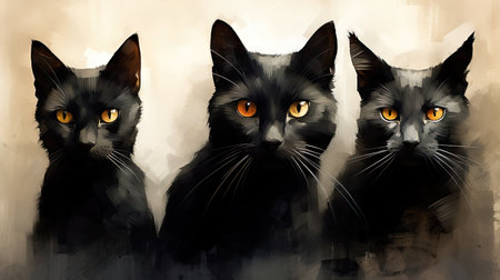 Three black cats with yellow eyes. Digital painting. Vector illustration.の素材