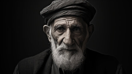 Portrait of an old man with a long white beard and a cap on his headの素材
