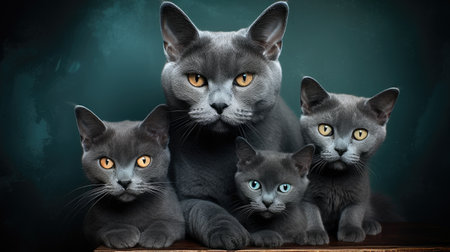 Group of grey cats in front of a dark background with copy spaceの素材