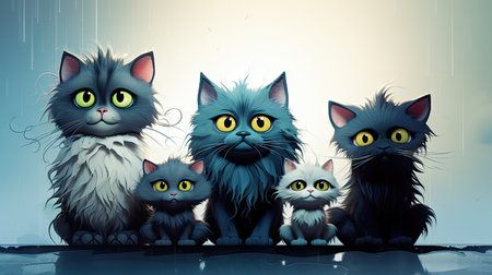 Group of cats with different emotions, 3D rendering. Computer digital drawing.の素材
