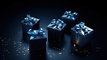 Blue gift boxes on black background with golden confetti. 3d renderingの素材