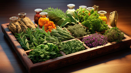 Herbs and spices in a wooden box on a dark background.の素材