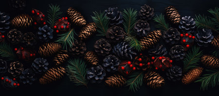 Christmas background with fir branches, cones and red berries on a black wooden backgroundの素材