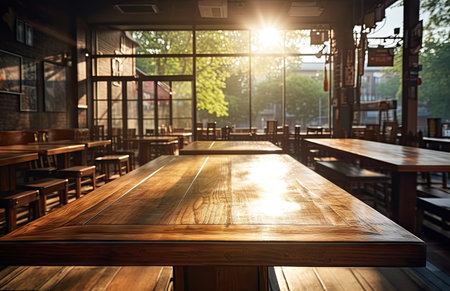 Wooden table and chairs in a cafe or restaurant with sunbeamsの素材