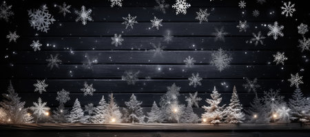 Christmas background with snowflakes and fir trees on a black wooden wallの素材