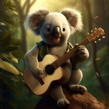 Koala with acoustic guitar in the forest. 3D illustration.の素材