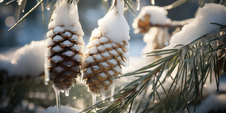 Frosted pine cones on the branches in the winter forest.の素材