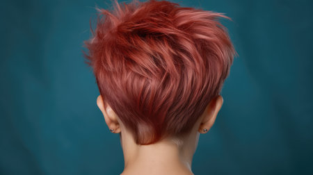 Closeup portrait of a young woman with short red hair on blue backgroundの素材