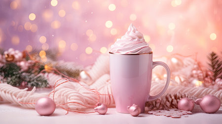 Cup of hot chocolate with marshmallow and Christmas decorations on bokeh backgroundの素材