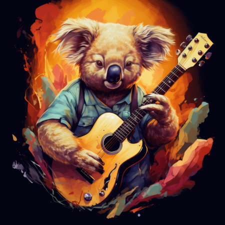 Koala with guitar and ukulele on fire background.の素材