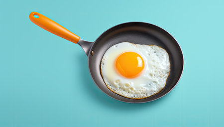 Fried egg in a frying pan on a blue background, top viewの素材