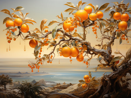 Fantasy landscape with sea and orange fruit tree. 3d illustrationの素材