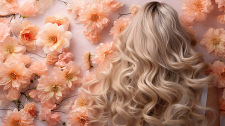 Beautiful blonde woman with long curly hair and flowers on a pink backgroundの素材