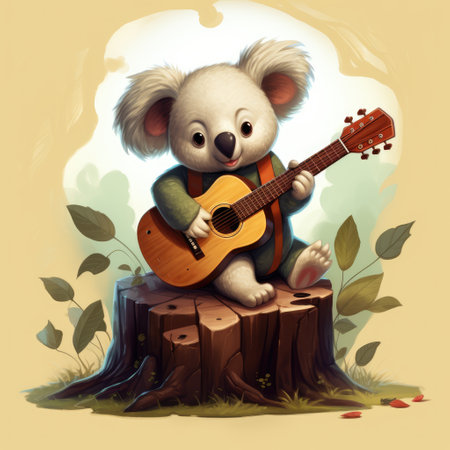 cartoon scene with koala playing guitar in the forest - illustration for childrenの素材