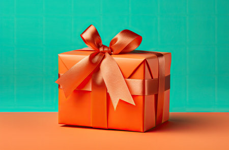 Orange gift box with bow on orange and turquoise background.の素材