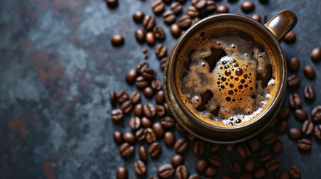 Coffee cup and coffee beans on dark background. Top view with copy spaceの素材