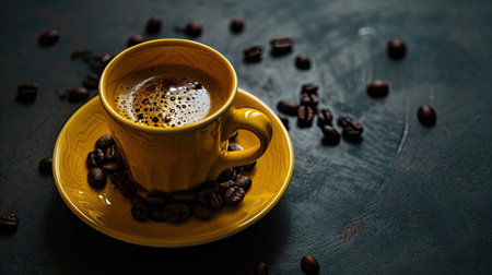 Coffee cup and coffee beans on dark background. Close up.の素材