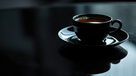 Cup of coffee on a black glass table. Close up.の素材