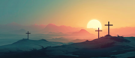 Crosses in the mountains at sunset. 3d render illustration.の素材