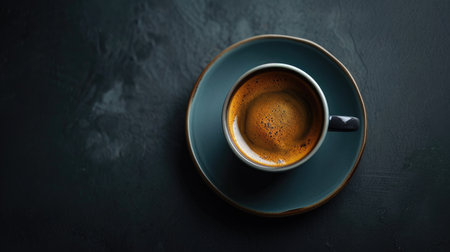 Coffee cup on black background, top view, copy spaceの素材