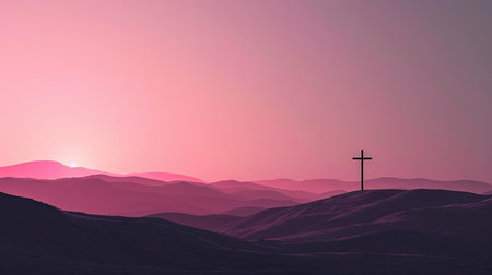 Illustration of a cross in the middle of a desert landscape at sunsetの素材
