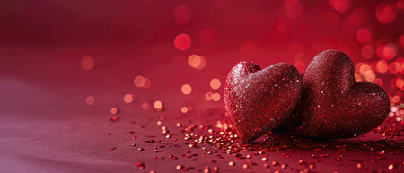 Valentine's day background with red hearts on red background.の素材